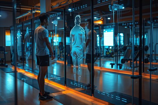 A gym where each mirror shows a different potential future self of the person exercising, exploring motivation and potential