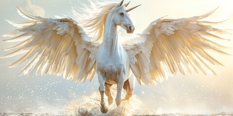 In the realm of mythology, a majestic white Pegasus soars with ethereal grace.