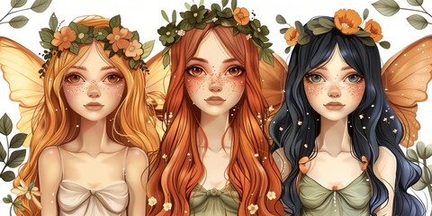 Three sensual princesses with fairy wings, adorned with flower wreaths, exuding elegance and tenderness.