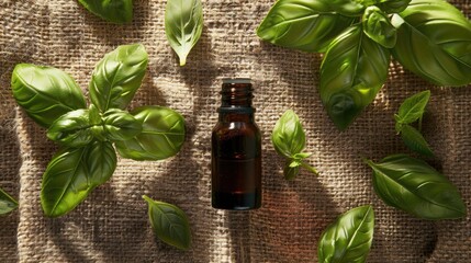 basil essential oil on burlap background