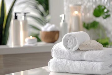 Stack of white towels in bathroom, closeup. with copy space