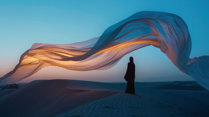 A woman stands in the desert with a long white fabric flowing behind her