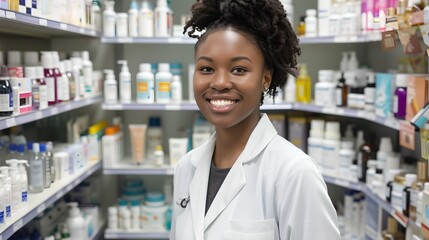 Confident Female Pharmacist in White Coat at Pharmacy. Healthcare Professional in Drugstore. Portrait of Smiling Woman in Medicine. AI