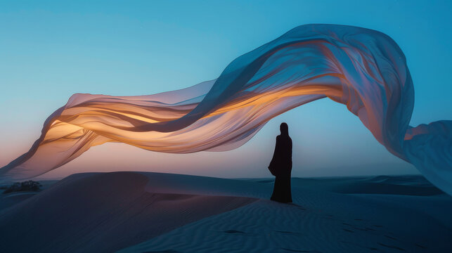 A woman stands in the desert with a long white fabric flowing behind her