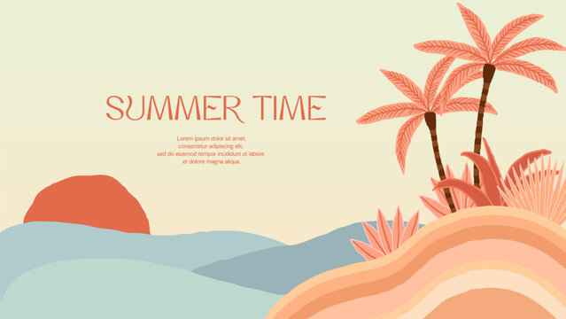 Summer tropical background with palms, sun and beach. Summer placard poster flyer invitation card. Summertime