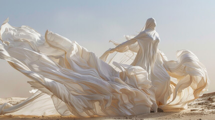 A woman in a white dress is flying through the air