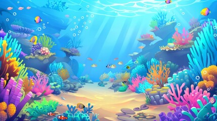 A seabed with bright seaweeds, corals and swimming fishes. Modern illustration of a seabed or aquarium with wild marine life. A panoramic scene with a fantasy aquatic environment.