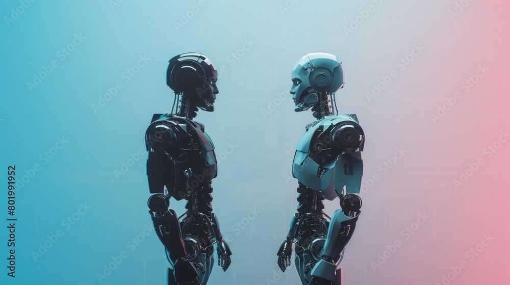 Poster two robots are standing next to each other, one is black and the other is white