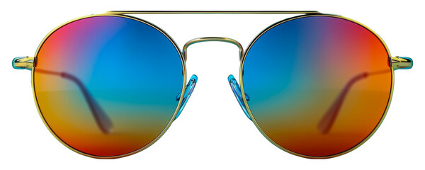 Classic aviator sunglasses with reflective multicolor lenses, cut out - stock png.