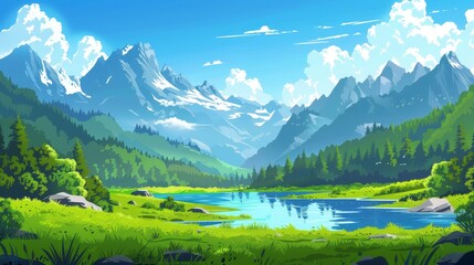 Nature modern landscape background. Mountain and forest. Beautiful peaceful summer valley wilderness environment. Clouds in sunny blue sky.