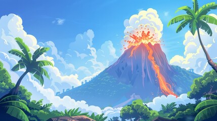 The prehistoric landscape has a volcano eruption highlighted by violet cloud of ash rising above the volcanic mouth, green tropical plants, and blue skies. The modern illustration depicts ancient