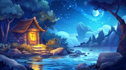 Old wooden house against night river landscape. Modern cartoon illustration of a shabby hut with yellow lights, near lake water, tall trees, bushes, huge stones under a dark sky dotted with stars.