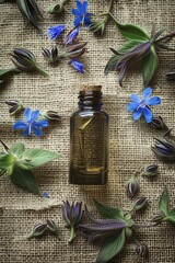 essential oil cosmetics on burlap background