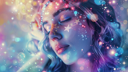 A woman with a star on her face is surrounded by a galaxy of stars