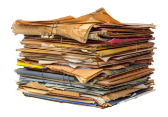 Stack of cluttered files and colorful paper, cut out - stock png.