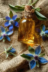 essential oil cosmetics on burlap background