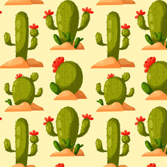 Different blooming cactus. Pattern with cartoon cactus. Cactus in flat style. Desert plant. Pattern for textile, wrapping paper, background.