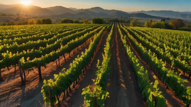 Rows of grape vines stretch to the horizon, with mountains in the distance. AI.