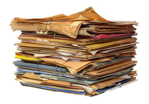 Stack of cluttered files and colorful paper, cut out - stock png.