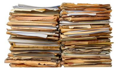 Piled up old files and worn folders, cut out - stock png.