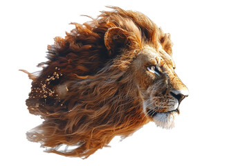 A 3D animated lion with a flowing mane in the wind, isolated on transparent background, PNG file