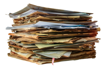 Stack of cluttered files and colorful paper, cut out - stock png.