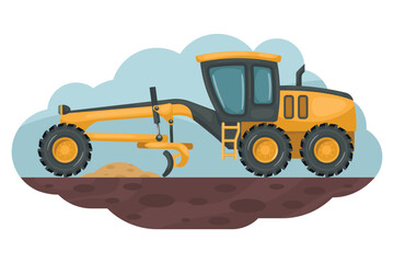 Cartoon of motor grader leveling the ground. Heavy machinery used in the construction and mining industry