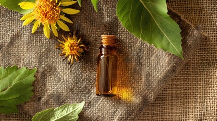 elecampene essential oil on burlap background