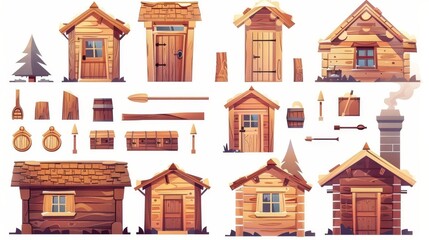 Detailed illustration of a wooden cabin with doors, windows, and chimney. A forest shack or mountain chalet for rural vacations.