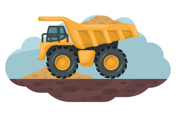 Cartoon of mining truck loading sand. Heavy machinery used in the construction and mining industry