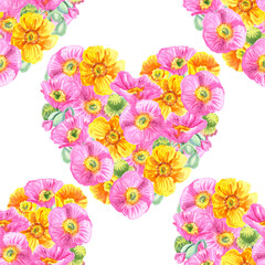 Seamless pattern of Heart shape watercolour illustration. Hand painted poppies pink and yellow blossom flowers. Seasonal spring summer botanical floral elements. On white background.