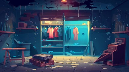 Closed abandoned clothing boutique at night with smashed walls, shelves, and cash register. Cartoon modern showing damaged clothing and furniture with dust and cobwebs.