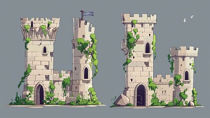 Cartoon cartoon of a medieval fairytale castle tower. Icons of a dirty fantasy kingdom palace. Magical abandoned fortress building with vines clipart. Cigarette architecture isolated on a white