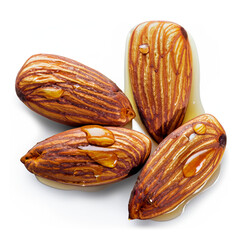 Almonds with honey on white background.Healthy food,healthy nuts.Almond template. Beautiful almonds covered with a splash of honey