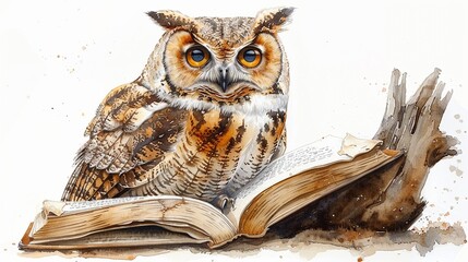 A curious owl perched on a branch with a book of fairy tales open in front of it. copy space