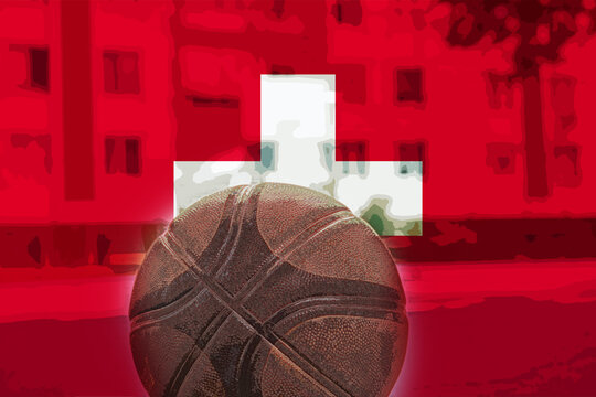 Basketball ball with Switzerland flag, basket ball and national flag, basketball cup idea
