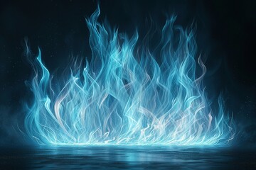 A mesmerizing wireframe hologram depicts flames with glowing blue lines forming complex patterns on a dark canvas