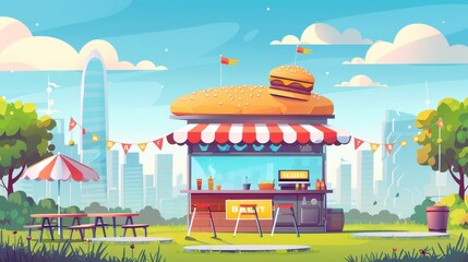 Fast food stall in a summer city park. Modern illustration with menu, oven, chairs, tables, umbrella, garland decoration, cityscape background, blue sky with clouds, and cityscape background.