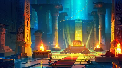 Pyramid inside a room interior with sarcophagus, torch fire, hieroglyphics on the wall, and magic moonlight sparkles. Night ancient Egypt palace background.