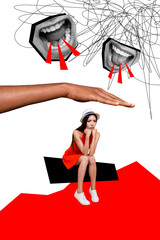Vertical photo collage of sad girl sit listen hate abuse mouth scream society hand roof protect...