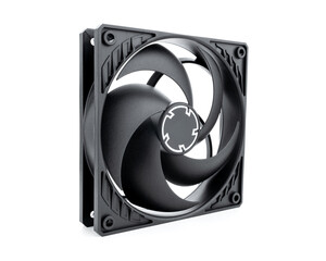 Cooler computer fan isolated on white. Active CPU cooler with large finned heatsink, fan, copper...