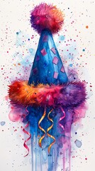 A vibrant party hat with a pom-pom topper and colorful ribbons. copy space