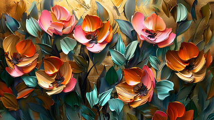 An abstract oil painting technique featuring flowers and leaves. It is fashionable to wear in any room of the house. Luminous golden texture. Posters, wall papers, posters, cards, murals, carpets,