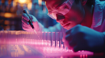 Scientist carefully pipetting a liquid into a microfluidic chip.