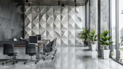 A monochromatic geometric ceramic wall installation adding texture and depth to a sleek office space..