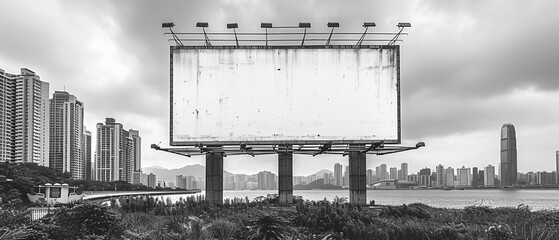 Monochrome white billboard mockup with grayscale tones and minimalist design against a city skyline.