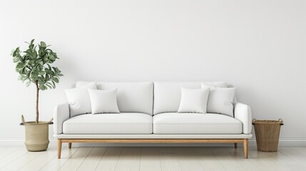 Fototapeta premium Frame mockup, simple and modern white sofa home interior design background, wall poster frame mockup, 3d render