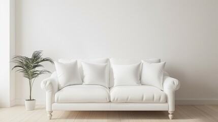 Frame mockup, simple and modern white sofa home interior design background, wall poster frame mockup, 3d render