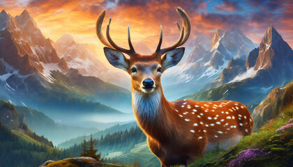 Fototapeta premium A deer is standing in front of a river with pink flowers in the background