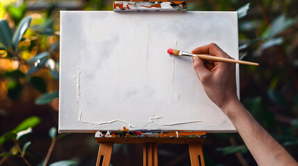 Artist ready to paint orange brush stroke on white primed canvas